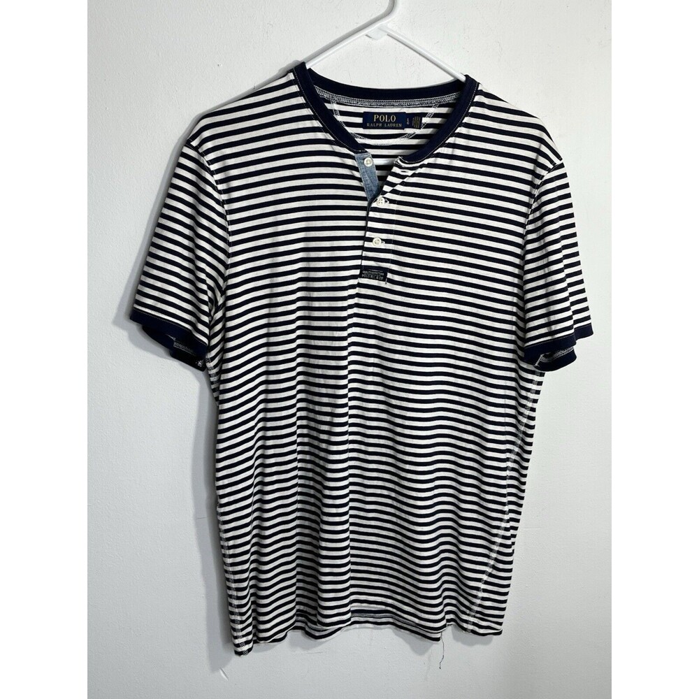 Polo Ralph Lauren Blue Stripe 3/4 Button Up T-Shirt Sz Large